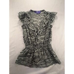 Miley Cyrus Zebra Print Ruffle V Neck Gathered Waist Blouse Top XS